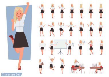 Bir grup kadın beyaz gömlek karakter vektör tasarımı giyiyor. Duyguları, koşusu, duruşu ve yürüyüşü ile çeşitli eylemlerde sunum.