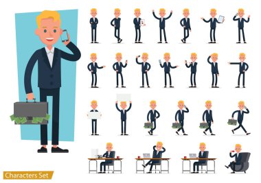 Mavi takım elbiseli ve çalışan karakter vektör tasarımlı iş adamları. Duygular, koşma, ayakta durma ve yürüme gibi çeşitli eylemlerde sunum. 2 numara.