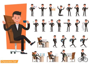 Kahverengi takım elbiseli ve çalışan karakter vektör tasarımlı iş adamları. Duyguları, koşusu, duruşu ve yürüyüşü ile çeşitli eylemlerde sunum. 