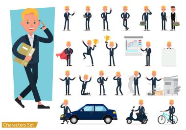 Mavi takım elbiseli ve çalışan karakter vektör tasarımlı iş adamları. Duygular, koşma, ayakta durma ve yürüme gibi çeşitli eylemlerde sunum. 4 numara.