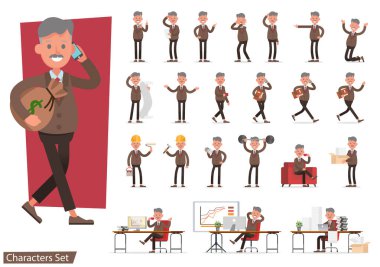 Bir grup iş adamı çalışıyor ve farklı jestler gösteriyor karakter vektör tasarımı. 3 numara.