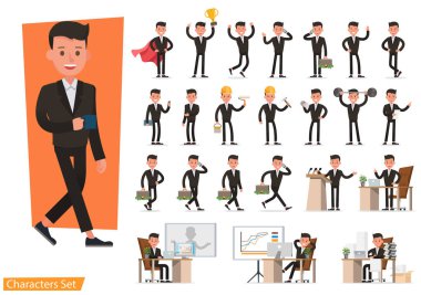 Kahverengi takım elbiseli ve çalışan karakter vektör tasarımlı iş adamları. Duygular, koşma, ayakta durma ve yürüme gibi çeşitli eylemlerde sunum. 4 numara.