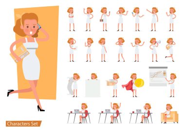 İşçi kadın karakter vektör tasarımı. Duygular, koşma, ayakta durma, yürüme ve çalışma ile çeşitli eylemlerde sunum.