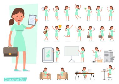 İşçi kadın karakter vektör tasarımı. Duygularla sunum, koşmak, ayakta durmak, yürümek ve çalışmak. 2 numara.