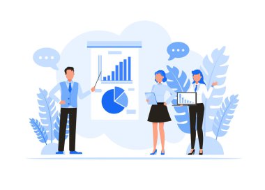 İş adamları karakter vektör tasarımı. İş adamlarının buluşması ve fikir paylaşımı.