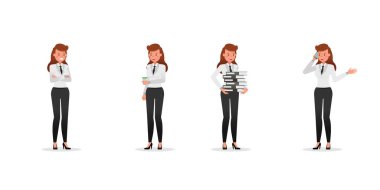 Business Woman farklı jestler gösteriyor karakter vektör tasarımı. 16 numara.