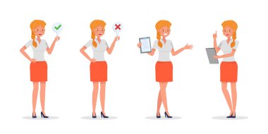 İş kadını farklı jestler gösterir karakter vektör tasarımı.