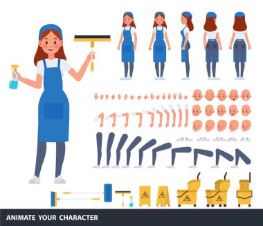 Temizlikçi kadın karakter vektör tasarımı. Kendi pozunuzu oluşturun.