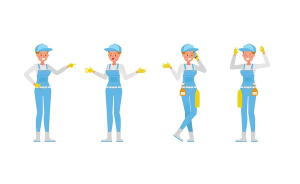 Professional Janitor Woman Vector Character Design Presentation Various Action — Stock Vector