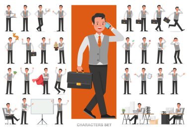 Karakter vektör tasarımında çalışan bir grup iş adamı. Duygular, koşma, ayakta durma ve yürüme gibi çeşitli eylemlerde sunum. Kendi poz tasarımınızı oluşturun.