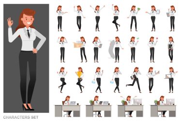 İş kadını karakter vektör tasarımı. Duygular, koşma, ayakta durma ve yürüme gibi çeşitli eylemlerde sunum. 4 numara.