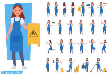 Temizlikçi kadın karakter vektör dizaynı. Duyguları, koşusu, duruşu ve yürüyüşü ile çeşitli eylemlerde sunum.