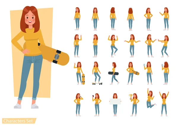 Set Woman Wear Yellow Shirt Character Vector Design Presentation Various — Stock Vector