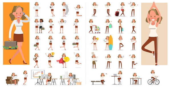 Set of Woman working and lifestyle character vector design. Presentation in various action with emotions, running, standing and walking. 