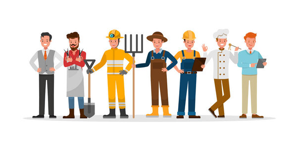 профессиональный персональный векторный дизайн включает фермера, бизнесмена, парикмахера, пожарного, строителя и шеф-повара.