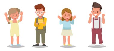 Çocuk karakter tasarımı. Mutluluk duygusuyla çeşitli eylemlerde sunum. 5 numara.