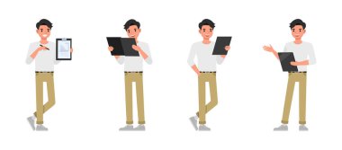 Erkekler beyaz gömlek giyiyorlar. Adam düşünüyor, bakıyor ve panoyu gösteriyor. Vektör illüstrasyon çizgi film tasarımı.