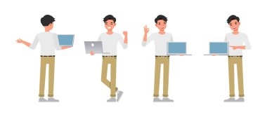 Erkekler beyaz gömlek giyiyorlar. Dizüstü bilgisayarı olan. Vektör illüstrasyon çizgi film tasarımı.