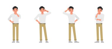 Erkekler beyaz gömlek giyiyorlar. İnsan düşüncesi, sorunları, fikirleri çözer. Vektör illüstrasyon çizgi film tasarımı.