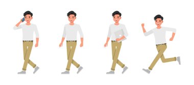 Erkekler beyaz gömlek giyiyorlar. Adam telefonda konuşuyor, yürüyor ve kaçıyor. Vektör illüstrasyon çizgi film tasarımı.