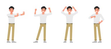 Beyaz gömlek giyen adam karakter seti giyiyor. Erkekler olumsuz duyguları, öfkeyi, üzüntüyü, hayal kırıklığını ve üzüntüyü ifade ederler. Vektör illüstrasyon çizgi film tasarımı.