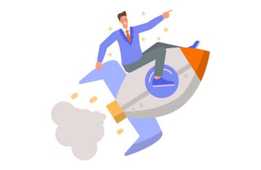 Roketle uçan iş adamı yeni iş projesini hızlandırdı. Karakter vektör tasarımı. Düz çizim biçimi.