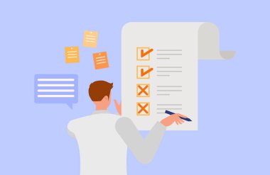 Adam kontrol ediyor ve listelemiyor. Karakter vektör tasarımı. Düz çizim biçimi.