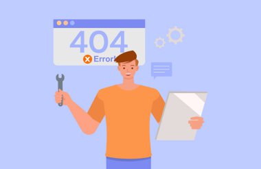 İnternet hatasını çözen adam. Karakter vektör tasarımı. Düz çizim biçimi.