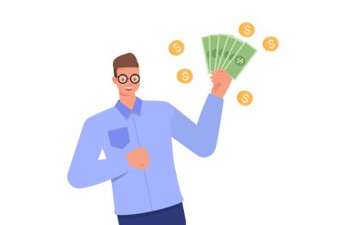 Paralı karakter tasarımı konusunda başarılı bir iş adamı. Düz çizim biçimi.