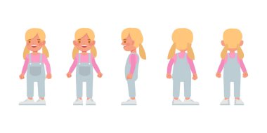 Öndeki, arkadaki ve arkadaki kız mavi kot pantolon giyip karakter tasarımı çizimi yapıyor. Çeşitli eylemde sunum.