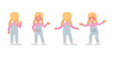 Çocuk mavi kot giysisi giyiyor. Gülümseyen vektör çizimi.