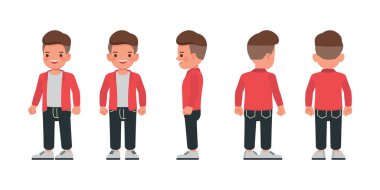 Öndeki, yan ve arkadaki çocuk kırmızı ceketli karakter çizim seti giyiyor. Çeşitli eylemde sunum.