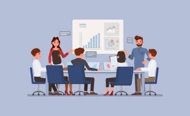 Toplantı odası konseptinde pazarlama ekibi. İş adamları karakter vektör çizimi tasarımı