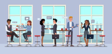 İş adamı ve iş kadını profesyonel ağ etkinliği bireylerin iş kartları karakter çizimi tasarımı ile kaynaştığı ve birbirlerine karıştıkları bir etkinlik. İş ağı etkinliği kavramı.