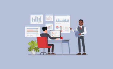 Grafik, grafik ve analitik veri karakter karakter çizimi tasarımı gösteren birden fazla ekranı olan bir masadaki iş adamı. Veri Analizi kavramı.