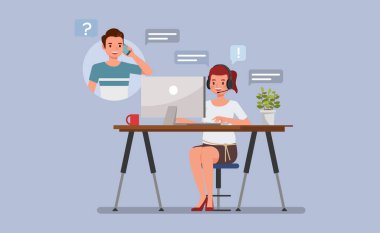 Müşteri hizmetleri temsilcisi müşteriye telefonda ya da sohbet karakteri çizimi yoluyla yardımcı oluyor. Müşteri hizmetleri etkileşimi kavramı.