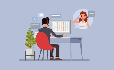 Müşteri hizmetleri temsilcisi müşteriye telefonda ya da sohbet karakteri çizimi yoluyla yardımcı oluyor. Müşteri hizmetleri etkileşimi kavramı.