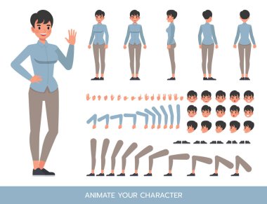 İş kadını görüşü, mavi gömlekli karakter çizimi tasarımı. Kendi pozunuzu oluşturun.