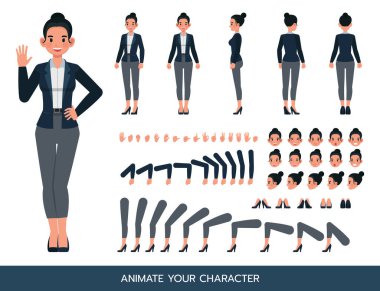 İş kadını koyu mavi takım elbise giyiyor. Karakter çizimi tasarımı. Kendi pozunuzu oluşturun.