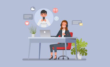 Müşteri hizmetleri temsilcisi müşteriye telefonda ya da sohbet karakteri çizimi yoluyla yardımcı oluyor. Müşteri hizmetleri etkileşimi kavramı.