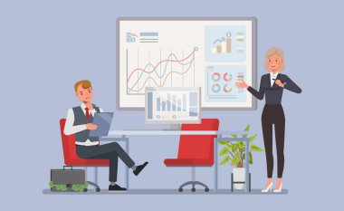 Kadın finansal danışman ve mali durumları ve yatırım seçeneklerini inceleyen bir müşteri karakter vektör çizimi tasarımı.