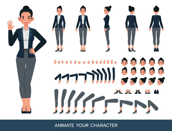 İş kadını koyu mavi takım elbise giyiyor. Karakter çizimi tasarımı. Kendi pozunuzu oluşturun.