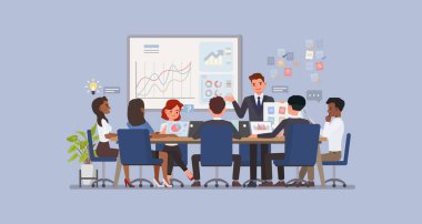 Takım işbirliği konsepti. Profesyonel takım bir masada birlikte çalışıyor, fikir üreten karakter vektör çizimi tasarımı üzerine kafa yoruyor