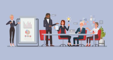 Takım işbirliği konsepti. Profesyonel takım bir masada birlikte çalışıyor, fikir üreten karakter vektör çizimi tasarımı üzerine kafa yoruyor