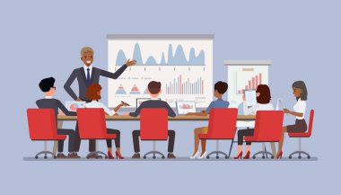 Kurumsal bir eğitmenle eğitim oturumu. Yeni bir grup çalışana karakter vektör çizimi sunumu..