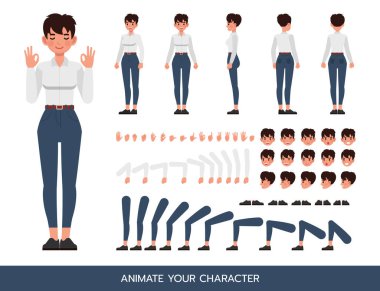 Kadın beyaz gömlekli karakter çizimi tasarımı giyiyor. Kendi pozunuzu oluşturun.