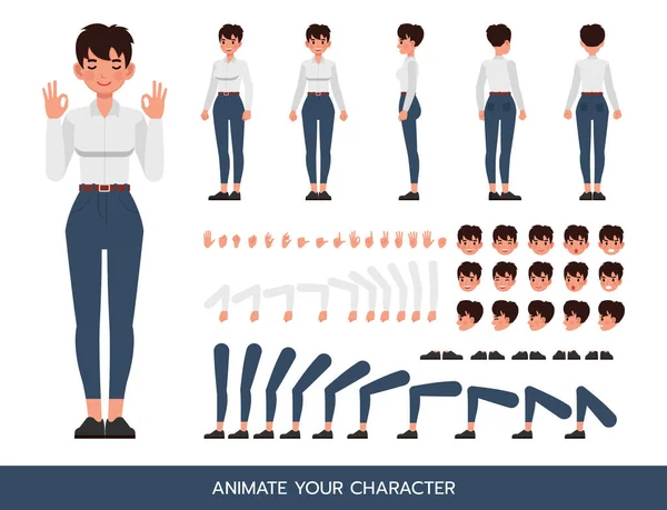 Kadın beyaz gömlekli karakter çizimi tasarımı giyiyor. Kendi pozunuzu oluşturun.