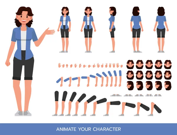 Kadın mavi gömlekli karakter çizimi tasarımı giyiyor. Kendi pozunuzu oluşturun.