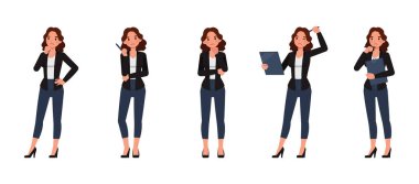 İş kadını siyah gömlek giyiyor, uzun kahverengi kıvırcık saçlı karakter çizimi seti. Kadınlar düşünür, sorunları çözer, fikirleri.