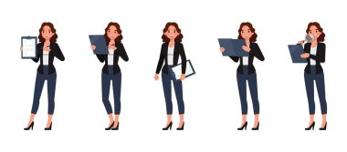 İş kadını siyah gömlek giyiyor, uzun kahverengi kıvırcık saçlı karakter çizimi seti. Çalışan ve dosya tutan kadınlar.